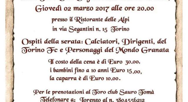 Toro club Saurò Tomà e Identità Granata: una cena per cuori Toro