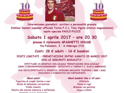 Toro Club Sant’Ambrogio: oggi la cena per il decennale di fondazione