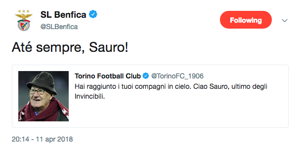 Il Benfica omaggia Tomà: “Per sempre, Sauro!”