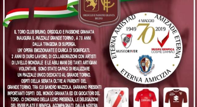 Il Toro Club Bruino inaugura Piazza Grande Torino: la cerimonia il 3 maggio