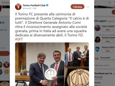 Toro premiato a “Il calcio e di tutti” per l’iniziativa del Torino FD