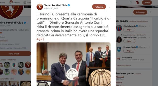Toro premiato a “Il calcio e di tutti” per l’iniziativa del Torino FD