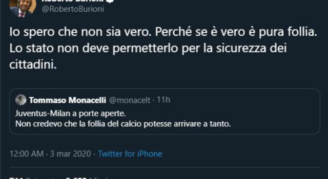 Burioni su Juve-Milan: &#8220;Porte aperte pura follia. Lo Stato non deve permetterlo&#8221;