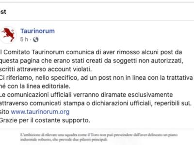 Taurinorum: “Violato l’account Facebook, post non in linea con la trattativa”