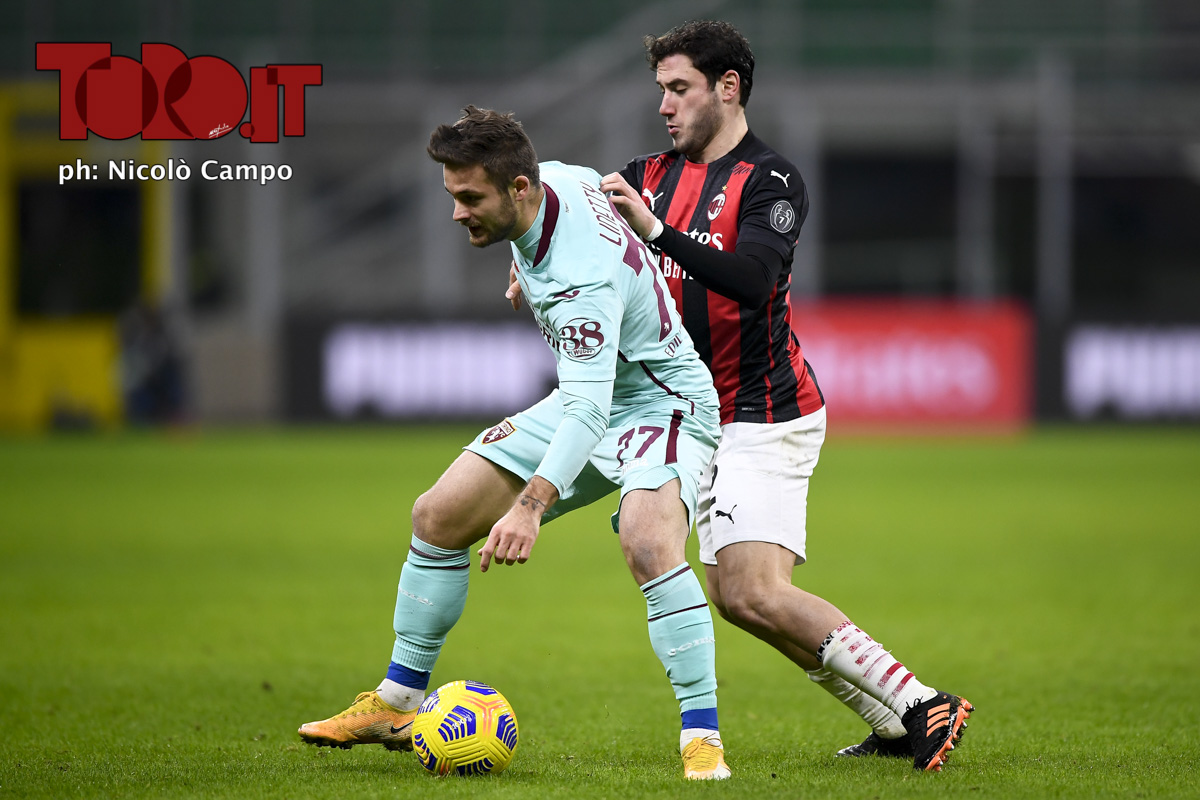Karol Linetty e Davide Calabria in Milan-Torino 2-0, serie A 2020/2021