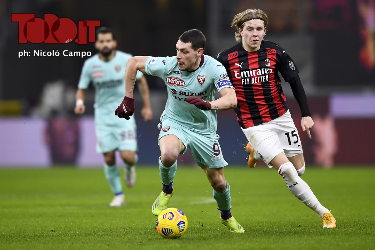 Andrea Belotti e Jens Petter Hauge in Milan-Torino 2-0, serie A 2020/2021