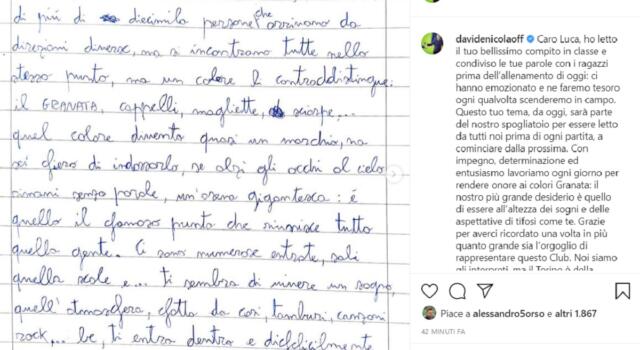 Luca, 11 anni, e il suo tema per il Toro. Nicola: “Lo leggeremo prima di ogni partita”