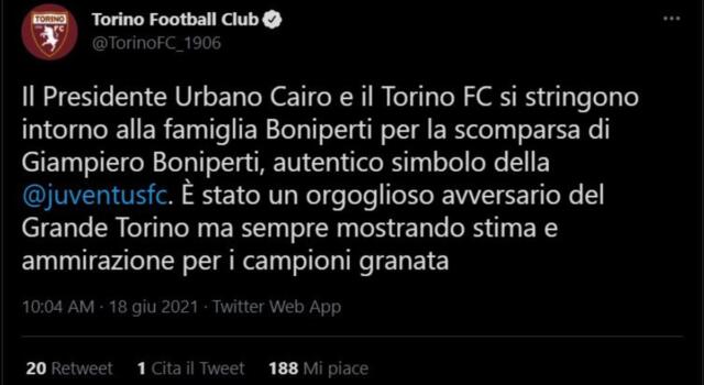 È morto Boniperti. Il Toro: “È stato un orgoglioso avversario del Grande Torino”