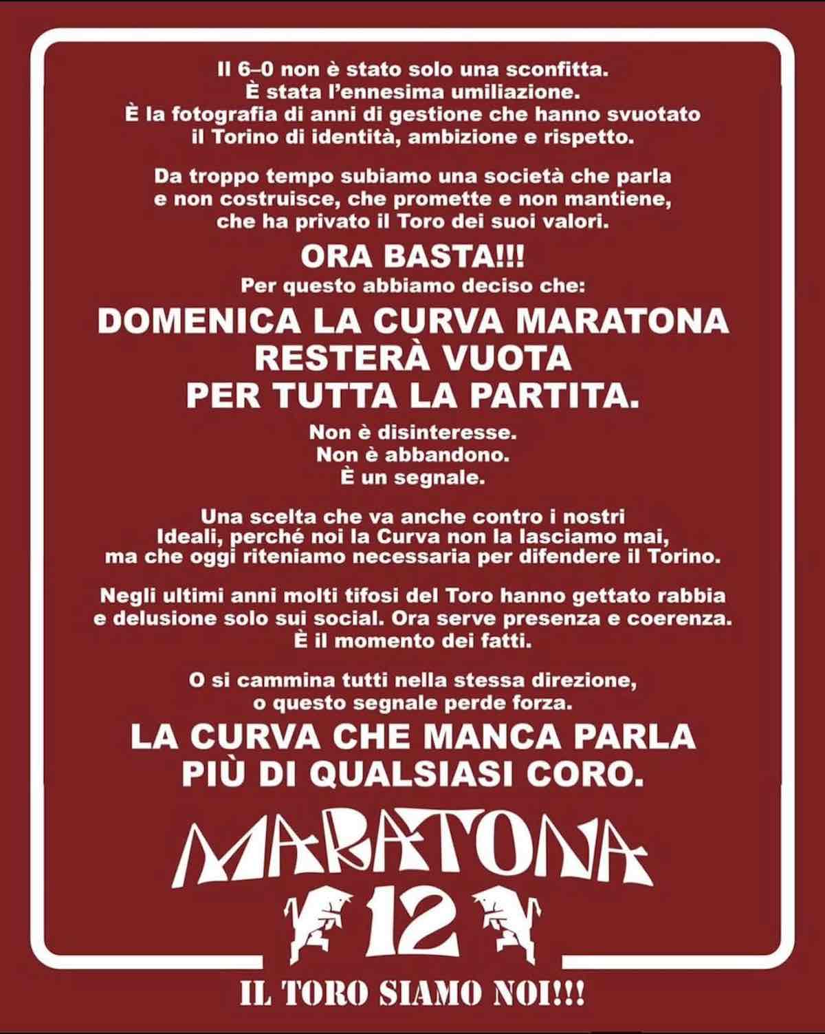 La Maratona annuncia lo sciopero del tifo: “Domenica Curva vuota”