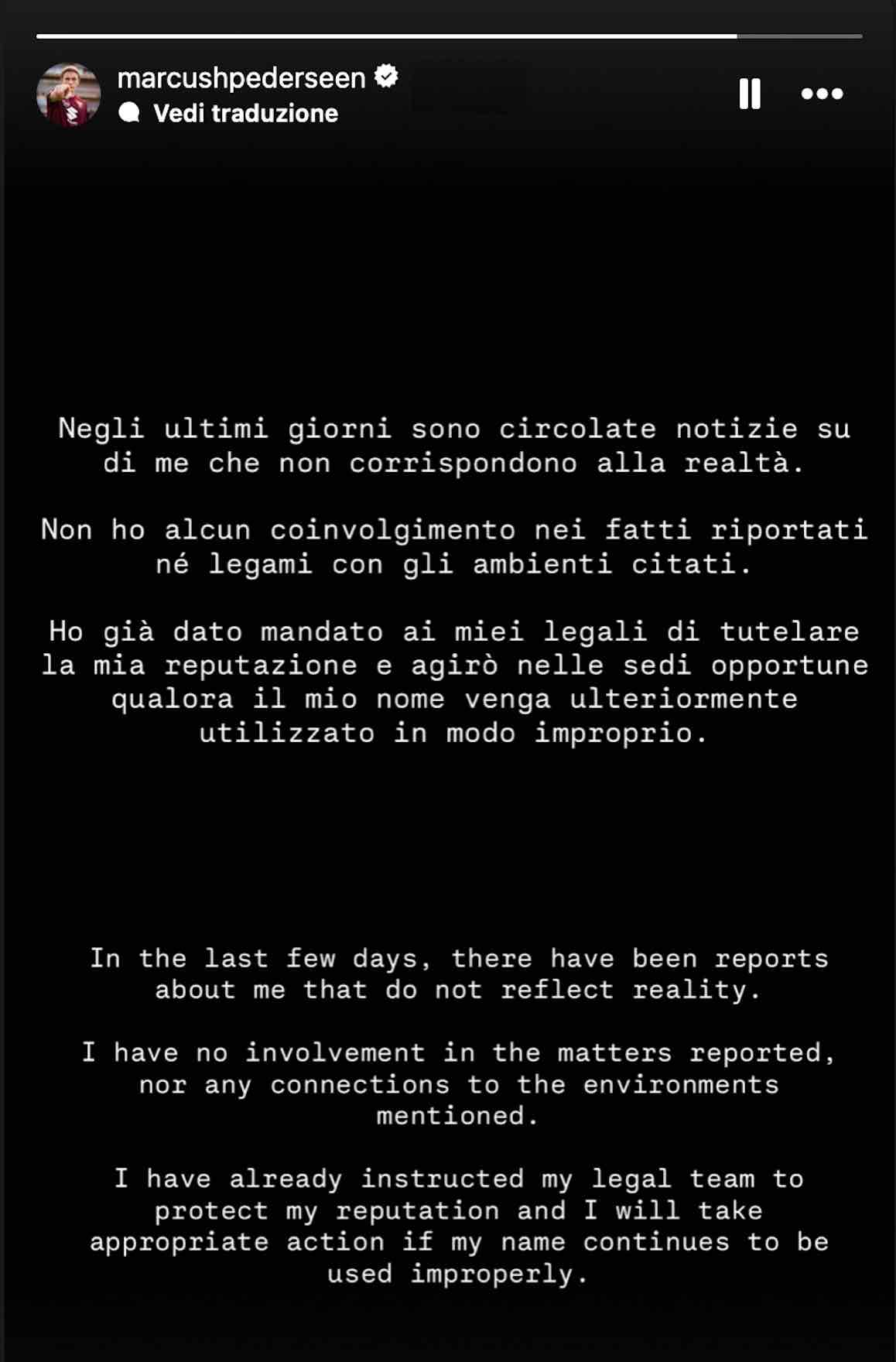 Pedersen: “Nessun coinvolgimento nei fatti riportati”